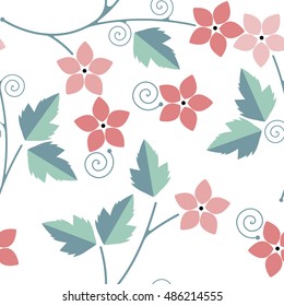 Cute seamless pattern with green leaves and pink flowers isolated on white background can be used for design fabric, wrapping paper, package, covers, linen and more ideas.