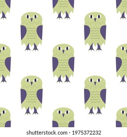 Cute seamless pattern with green owls. White background. Flat style illustration.