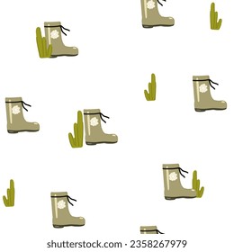 Cute seamless pattern with green rubber boot and grass on white background scandinavian style for child fabric, textile, nursery, wallpaper