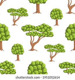 Patrón perfecto con árboles verdes. Fondo blanco. Ilustración de estilo plano.