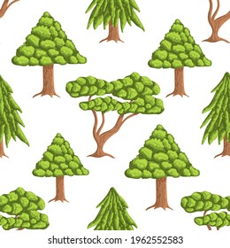 Cute seamless pattern with green trees and spruces. White background. Flat style illustration.