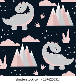 Cute seamless pattern with grey dinosaurs on a dark background. Creative childish background for fabric. Dinosaur pattern vector. Funny cartoon dino.