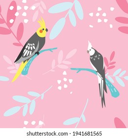 Cute seamless pattern of grey and white face cockatiel with floral background