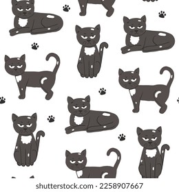 Cute seamless pattern with grumpy cat in cartoon style and paws print