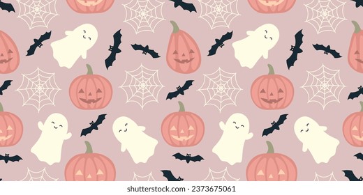 Cute seamless pattern for halloween. Funny pumpkins, ghosts, cobwebs, bats on pink background.