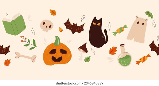 Cute seamless pattern for Halloween. Horizontal funny pattern vector design element. cozy Halloween icons: spellbook, skull, black cat, ghost, poison, potion, mushroom, bone, candy, bat, leaves