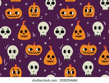 Cute seamless pattern with halloween sculls and pumpkins. Autumn vector background