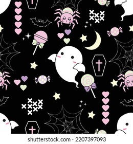 Cute seamless pattern halloween in sweet theme decorate by kawaii halloween items.