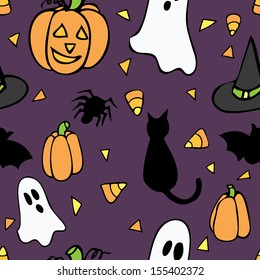 A cute seamless pattern of Halloween themed items on a purple background.