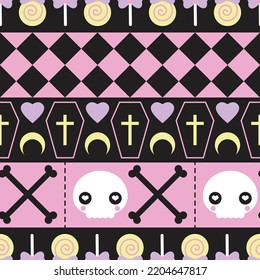 Cute seamless pattern halloween and tribe theme decorate with head skull candy and coffin.