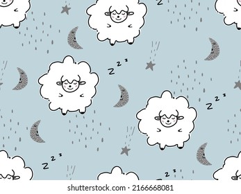 Cute seamless pattern hand drawing with sheep,moon,star,meteor on blue background for decoration,print,fabric,wrapping paper,cloth,wallpaper,nursery,textile and book cover.