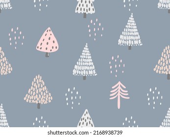 Nahtlose Musterhandzeichnung mit Baum auf blauem Hintergrund für Dekoration, Druck, Stoff, Tapete, Wickelpapier, Stoff, Bekleidung und Buchumschlag.Weihnachten.