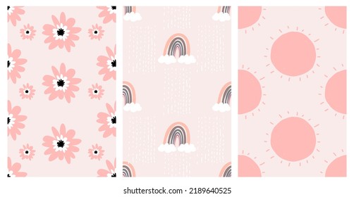 Dibujo manual de patrón impecable con flor, arcoiris, lluvia y sol sobre fondo rosa estilo escandinavo para decoración, impresión, tela, ropa, papel de envoltura, papel de pared, textil, cubierta de libro.