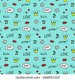 Cute seamless pattern of hand drawn doodle elements on mint green background.  Cherry, lips, crowns, flower, speech bubbles, words love, wow, omg, kiss. Vector illustration