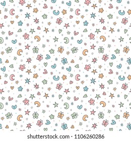 Cute seamless pattern with hand drawn cartoon elements for kids. Great for birthday, fabric, textile, cards. Background in scandinavian style. Vector illustration