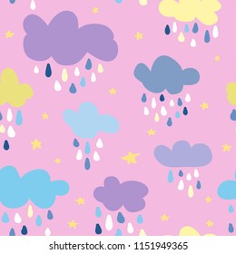 Cute seamless pattern with hand drawn clouds and raindrops and stars. Baby cartoon pattern.