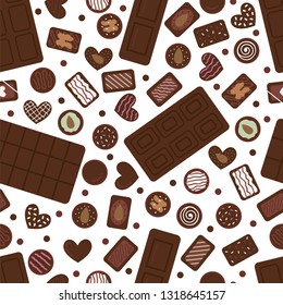 Cute seamless pattern with hand drawn chocolate candies and bars. Cartoon sweet background. Assorted of sweetmeat. Food desserts. Vector illustration