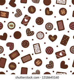 Cute seamless pattern with hand drawn chocolate candies. Cartoon sweet background. Assorted of sweetmeat. Food desserts. Vector illustration