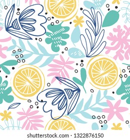 Cute seamless pattern with hand drawn abstract flowers on white background. Vetor illustration.