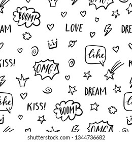 Cute seamless pattern of hand drawn doodle elements on white background.  Crowns, stars, hearts, speech bubbles, words love, boom, omg, kiss, like, dream. Vector illustration