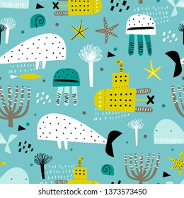 Cute seamless pattern with hand drawn marine life and yellow submarine. Summer bright background for fabric design. Scandinavian style.