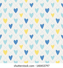 Cute seamless pattern with hand drawn hearts and plaid. Abstract romantic background. Vector illustration