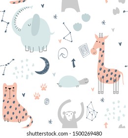 Cute seamless pattern with hand drawn animals. Exotic wallpaper for fabric, wrapping paper , etc