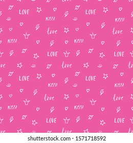 Cute seamless pattern of hand drawn doodle elements on pink background.  Romantic pattern for Valentine's Day. Crowns, stars, hearts, words love, kiss. Vector illustration