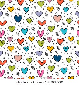 Cute seamless pattern with hand drawn hearts. Design elements for Valentines and wedding day. Heart icons. Romantic background. Vector illustration