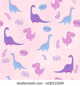 Cute seamless pattern with hand drawn dino in cartoon style