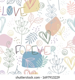 Cute seamless pattern with hand drawn letters love forever and floral elements doodle style vector