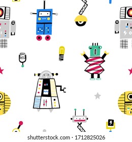 Cute seamless pattern with hand drawn robots. Creative childish texture for fabric, wrapping, textile, wallpaper, apparel. Vector illustration.