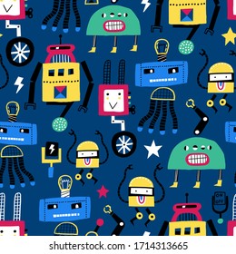 Cute seamless pattern with hand drawn robots on a dark blue background. Creative childish texture for fabric, wrapping, textile, wallpaper, apparel. Vector illustration.