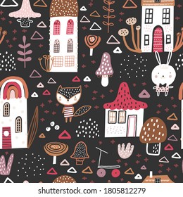 Cute seamless pattern with hand drawn mushrooms, houses and cute animals. Creative vector background for fabric, textile, nursery wallpaper. Black background.