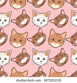 cute seamless pattern with hand drawn various cat faces on pink background. pattern for printing on fabric, wrapping paper, clothing, backgrounds for websites and applications