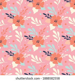 cute seamless pattern with hand drawn floral ornaments on a pink background. for print on fabric, clothing, wrapping paper, wallpaper. for women's day, valentine's day, for wedding