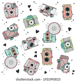 Cute Seamless Pattern Hand drawn Antique Cameras illustration in vector format. Doodle style Vintage Cameras