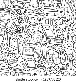 cute seamless pattern with hand drawn school doodles. Monochrome hand drawn objects are good for coloring pages, prints, wrapping paper, backgrounds, product decor, wallpaper, stationary, etc. EPS 10