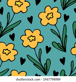 Cute seamless pattern with hand drawn elements - yellow flowers with leaves and black hearts on blue background. Simple vector backdrop. Childish design for textile, wrapping paper, greeting card
