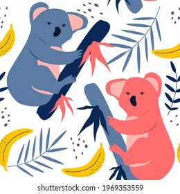 cute seamless pattern with hand drawn koala bears, bananas and palm leaves. summer tropical background in flat style, kids pattern for printing on fabric, clothing, wrapping paper