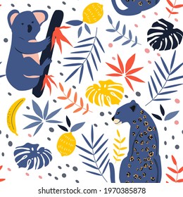 cute seamless pattern with hand drawn koala, leopards, bananas and palm leaves. summer tropical background in flat style, kids pattern for printing on fabric, clothing, wrapping paper