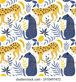 cute seamless pattern with hand drawn leopards, bananas. lemons and palm leaves. summer tropical background in flat style. wild animal print. pattern for printing on fabric, clothing, wrapping paper