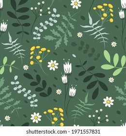 cute seamless pattern with hand drawn meadow flowers, herbs in green tones. summer background in flat style. pattern for printing on fabric, clothing, wrapping paper