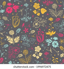 Cute seamless pattern with hand drawn spring flowers. Background for covers, wallpapers, gift wrap, childish postcards, scrap booking paper. 