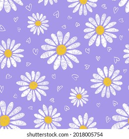 Cute seamless pattern with hand drawn chamomile flowers and hearts isolated on purple background.