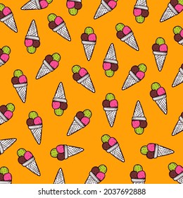 cute seamless pattern with hand drawn ice cream for summer prints, posters, wrapping paper, backgrounds, wallpaper, scrapbooking, textile, kids fashion, stationary, etc.  Vector 