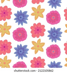 Patrón impecable con cabeza de flores de doodle dibujada a mano en un sencillo estilo infantil. Fondo vectorial de primavera, fondo de colación de la pantalla del niño botánico