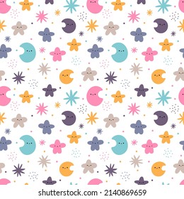 Patrón perfecto con elementos dibujados a mano. Estilo escandinavo. Kawaii. Luna, estrellas. Ilustración del vector