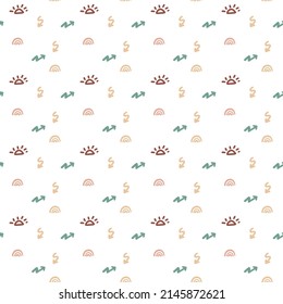 Nahtloses Muster mit handgezeichneten Doodle-Elementen. Kleine farbige Regenbogen- und abstrakte Flecken. Vektorgrafik