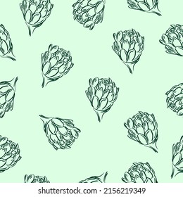 Cute seamless pattern of hand drawn fresh green artichoke. Healthy vegetable. Vector, illustration.